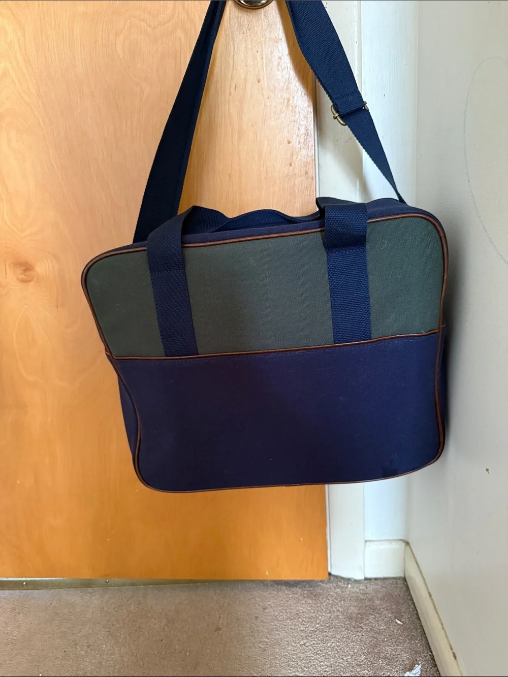 Ralph Lauren Navy Canvas Laptop Briefcase with Green Panel and Tan Trim